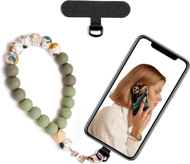 Lostars Store Silicone Beaded Phone Wrist Strap,phone bracelet strap with Tether Tab,Elastic Hands-Free wristlet strap (Light Green) - Image 1